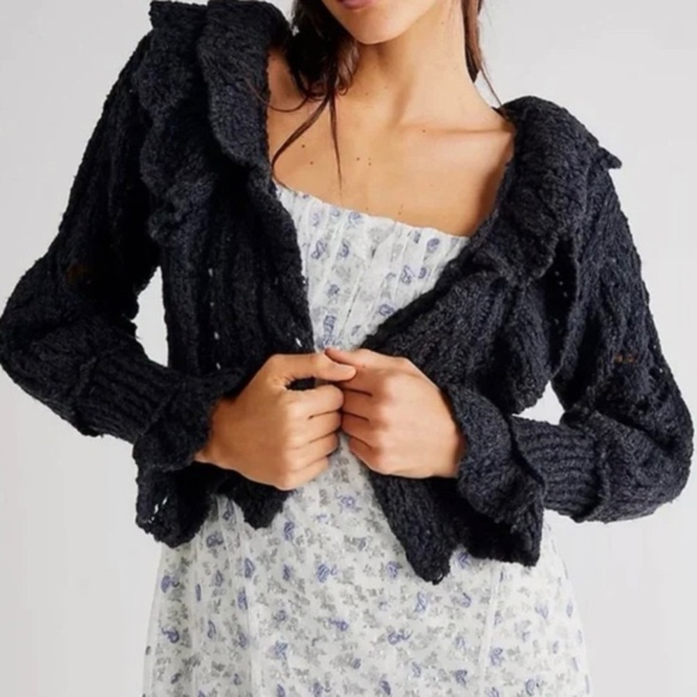 Free People Black Ruffled Cardigan